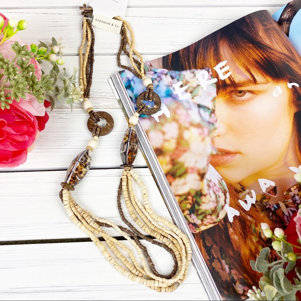 Bohemian Boho Wood Shell Statement Necklace 29$